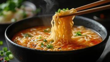 Steaming hot bowl of ramen being lifted with chopsticks photo