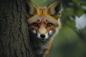 Curious red fox peeking from behind a tree in autumn photo