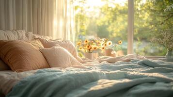 Sun shining on bed with open window in background photo