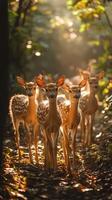 Five fawns standing on path in sun dappled forest photo
