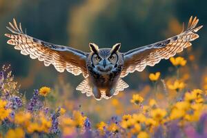 Majestic great horned owl flying low over field of flowers photo