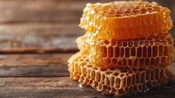 Honeycomb pieces stacked on rustic wooden table photo
