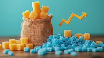 Sugar consumption increasing shown with sugar cubes and upward arrow photo