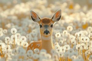 Adorable baby deer fawn standing in field of dandelions photo