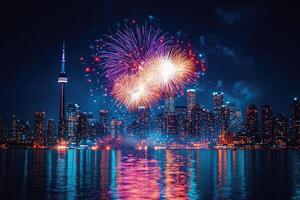 Fireworks exploding over toronto skyline at night photo