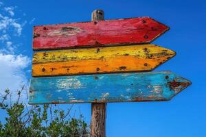 Three colorful wooden arrows pointing in different directions on a signpost photo