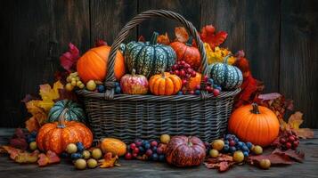 Wicker basket overflowing with colorful gourds and autumn leaves photo