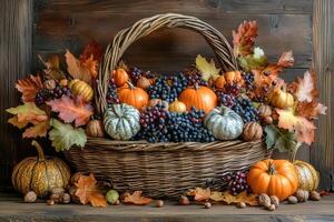 Wicker basket overflowing with pumpkins and grapes for autumn still life photo