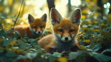 Two red fox cubs hiding in the forest photo