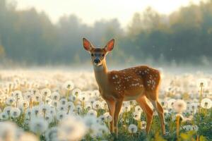 White-tailed deer fawn standing in dandelion field photo