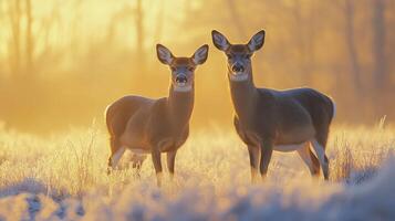 Two white-tailed deer does standing in a frosty meadow at sunrise photo