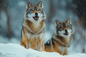 Two wolves howling while standing on snowy hill during winter photo