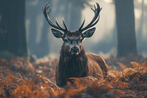 Majestic red deer stag standing in autumn forest at sunset photo