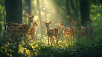 Five fawns standing on path in sun dappled forest photo