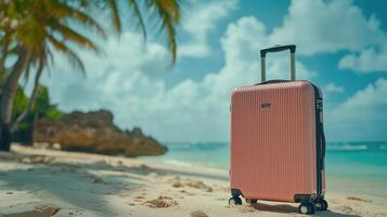 Pink suitcase standing on tropical beach is waiting for tourist photo