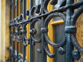 Wrought iron fence protecting building entrance with blurred background photo