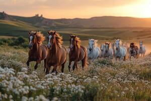 Herd of horses running through field at sunset photo