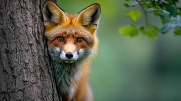 Curious red fox hiding behind a tree in the forest photo