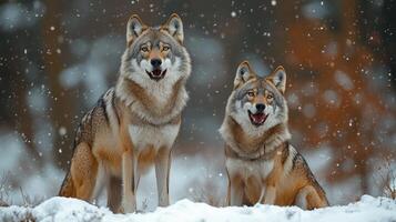 Two wolves howling while standing on snowy hill during winter photo