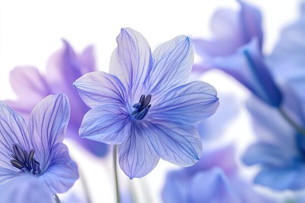 Delicate blue flowers blooming on white background