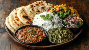 Traditional indian cuisine displayed on rustic tabletop photo