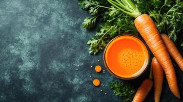 Fresh carrot juice with carrots and green leaves on dark background photo