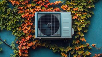 Air conditioner unit hanging on a blue wall covered with autumn foliage photo