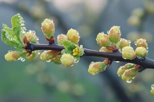 Apple tree branch with flower buds covered in rain drops is glowing in sunlight photo