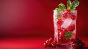 Refreshing red cocktail with ice, redcurrant and mint on red background photo