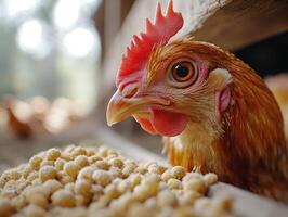 Brown hen eating soybeans in chicken coop photo
