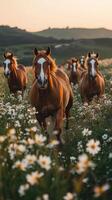 Herd of horses running through field of daisies at sunset photo