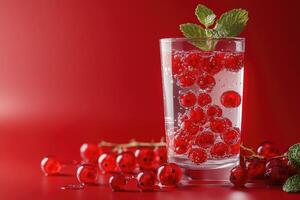 Glass of sparkling water with redcurrant and mint on red background photo