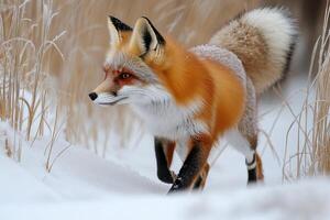 Red fox standing in the snow while snowing photo