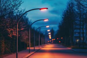 Streetlights illuminating empty road at twilight photo