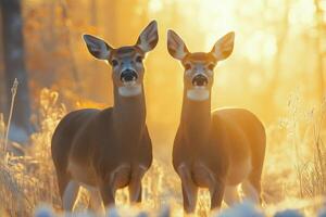 Two white-tailed deer does standing in a frosty meadow at sunrise photo