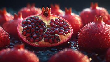 Juicy pomegranate fruit showing ripe arils on dark background photo