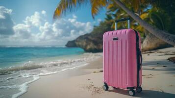 Pink suitcase standing on tropical beach under palm trees photo