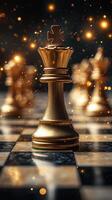 Golden king chess piece standing on chessboard with bokeh lights photo