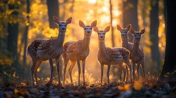 Five fawns standing on path in sun dappled forest photo