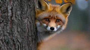 Curious red fox hiding behind a tree in the forest photo