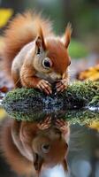 Red squirrel drinking water from a pond in the forest photo