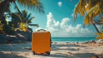 Yellow suitcase standing on beach under palm tree on sunny summer day photo