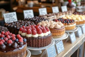 Delicious cakes with fruits and chocolate sitting on countertop display in bakery photo