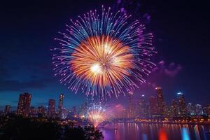 Fireworks exploding over toronto skyline at night photo