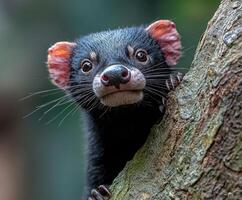 Curious tasmanian devil peeking from behind tree photo