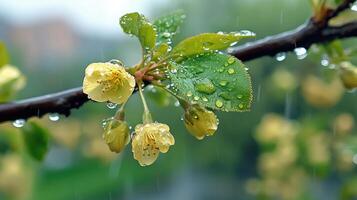 Apple tree branch with flower buds covered in rain drops is glowing in sunlight photo