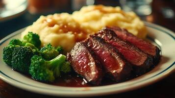 Sliced roast beef with mashed potatoes and broccoli on plate photo