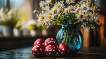 Red easter eggs lying on rustic wooden surface with daisies photo