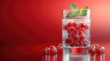 Refreshing red cocktail with ice, redcurrant and mint on red background photo