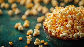 Popcorn and corn kernels forming a border on a teal background photo